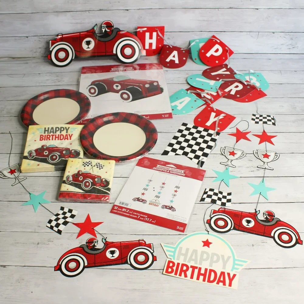 Vintage Derby Race Cars Happy Birthday Banner Paper Plates Party Decor